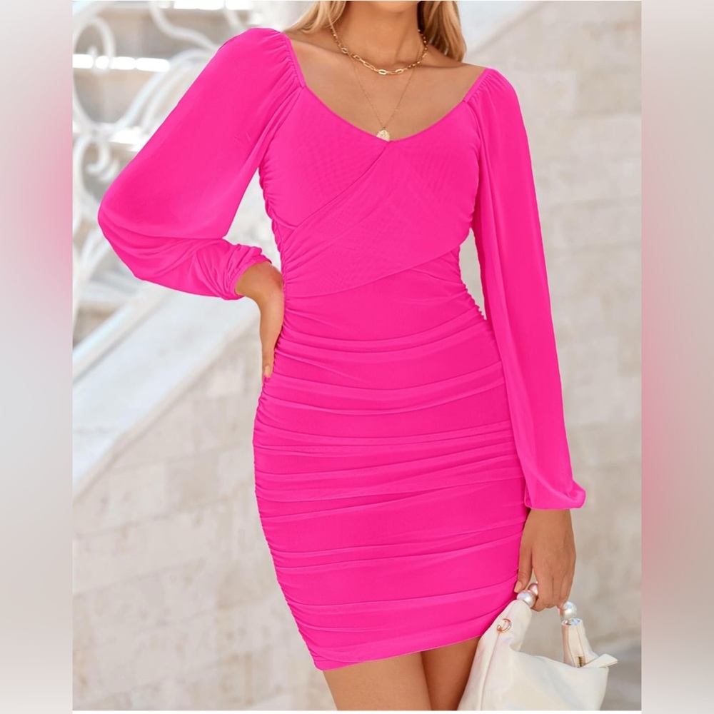 BTFBM Women's Elegant Ruched Bodycon Dresses Long Sleeve Cross V Neck - Picture 3 of 4